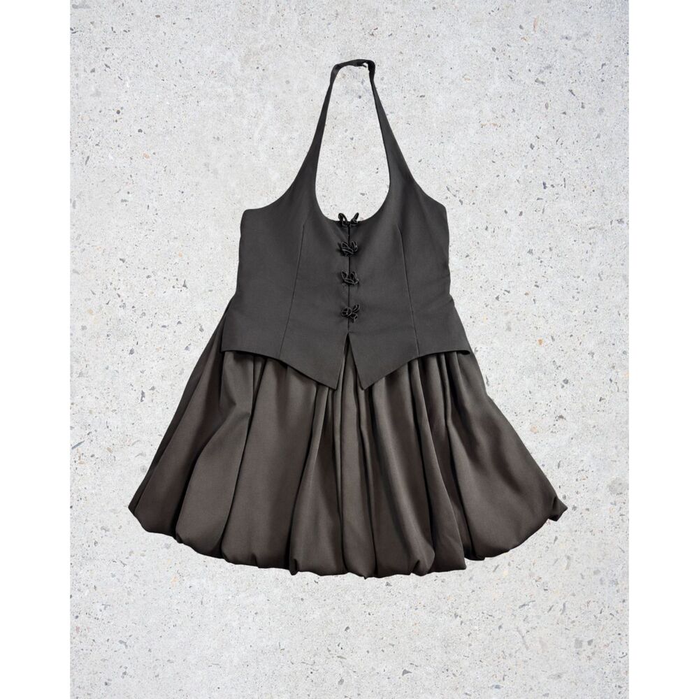 Zara Black Halter Mini Dress Size L Bubble Hem Decorative Button Front